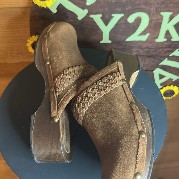 Sundance Suede Leather Mule Clog Wood Shoe Slip on Brown Braided Stud - Picture 7 of 7